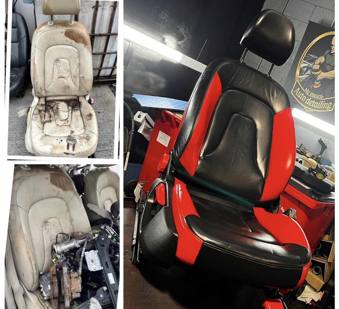 Audi seat mid-restoration beside the finished black and red leather result by PJ Leather Paint