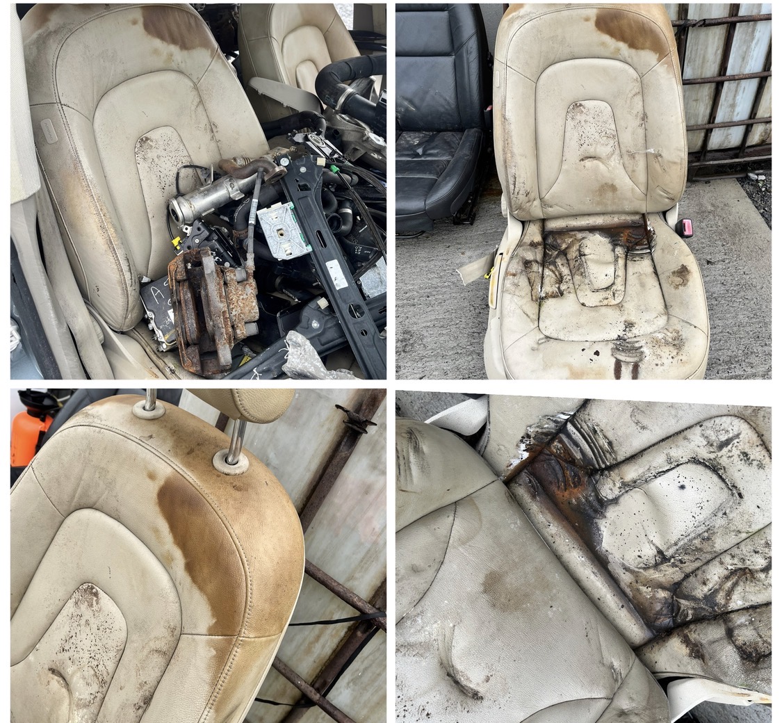 Filthy, damaged cream leather Audi seats as recovered from a scrapyard before restoration by PJ Leather Paint
